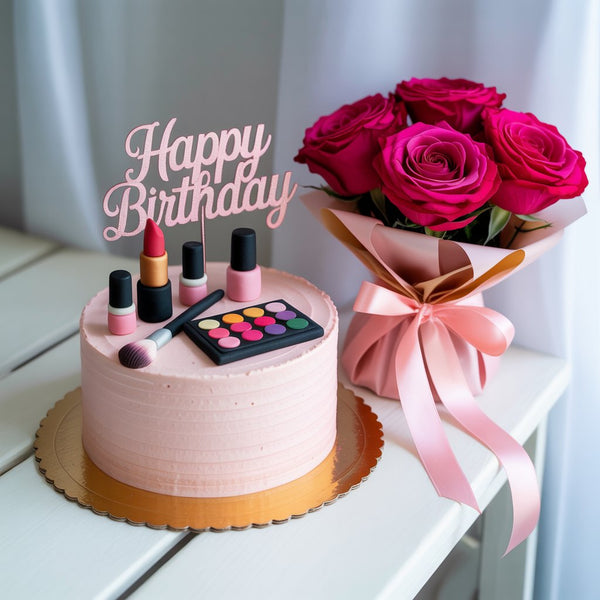 Glam Makeup Birthday Combo: Designer Cake & Pink Rose Bouquet