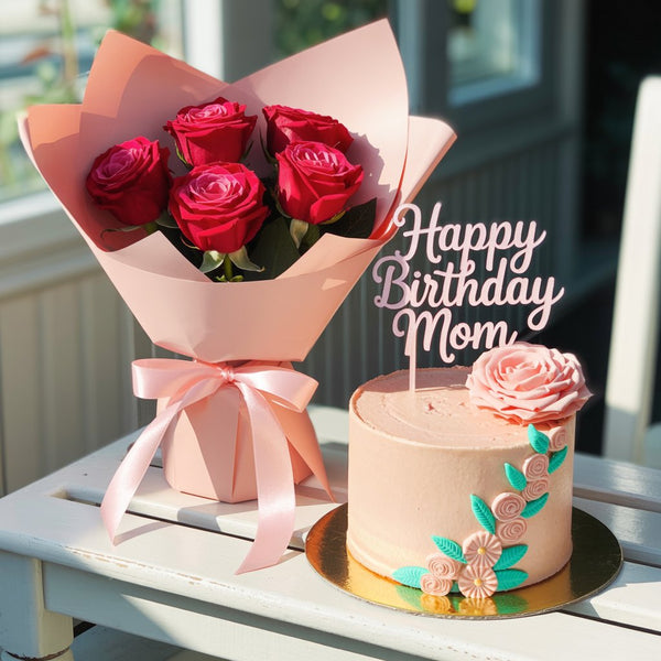 Elegant Mom Birthday Combo: Pink Roses Bouquet & Designer “Happy Birthday Mom” Cake