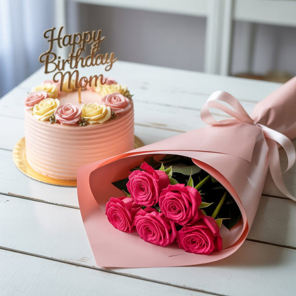 Floral Delight Mom Birthday Combo: Pink Roses Bouquet & Rose-Themed Cake
