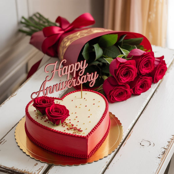 Grand Anniversary Combo: Heart-Shaped Designer Cake & Red Roses Bouquet