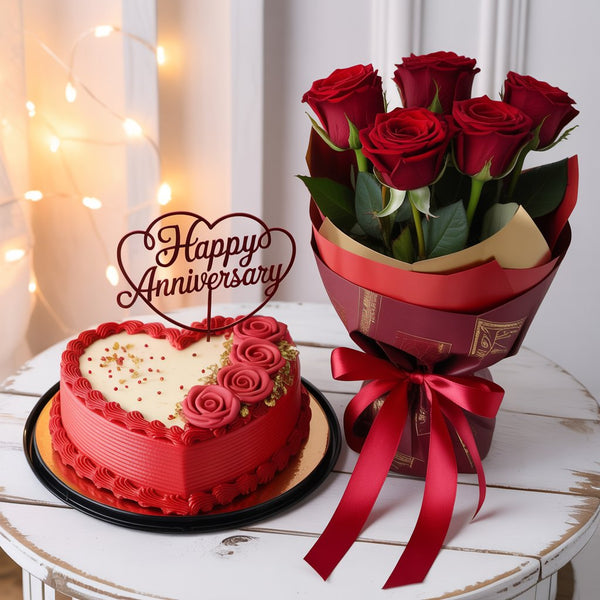 Romantic Anniversary Combo: Heart-Shaped Cake & Red Roses Bouquet
