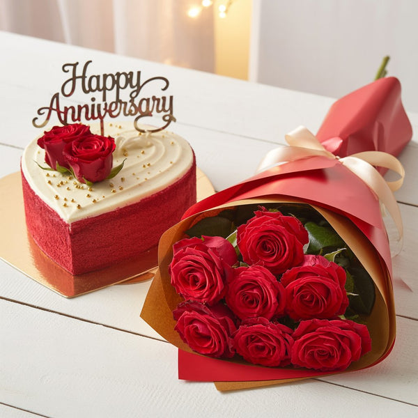 Anniversary Elegance Combo: Heart-Shaped Red Velvet Cake & Red Roses Bouquet