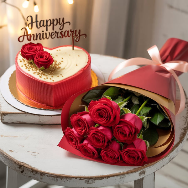 Grand Anniversary Combo: Heart-Shaped Designer Cake & Red Roses Bouquet