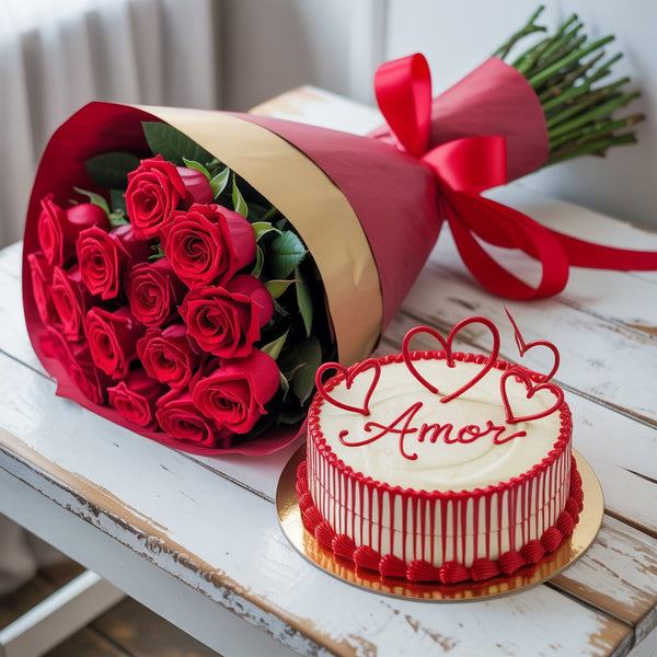 Amor Romance Combo: 12 Red Roses Bouquet & Designer Amor Cake