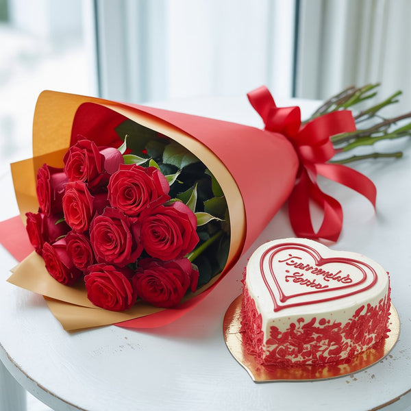 Heartfelt Love Combo: 12 Red Roses & Heart-Shaped Red Velvet Cake