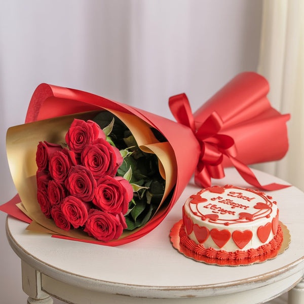 Classic Affection Combo: 12 Red Roses Bouquet & Heart Surprise Cake