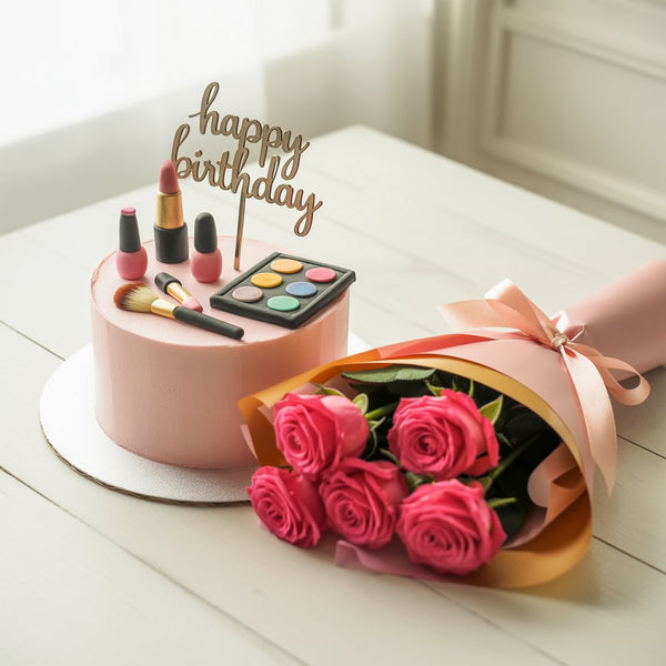 Birthday Beauty Combo: Makeup Theme Cake & Pink Roses Bouquet
