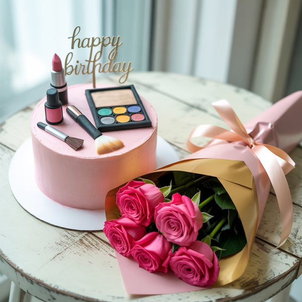 Glam Girl Birthday Combo: Makeup Theme Cake & Pink Roses Bouquet