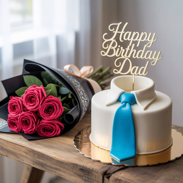 Classy Dad Birthday Combo: Black Roses Bouquet & Shirt-Tie Designer Cake