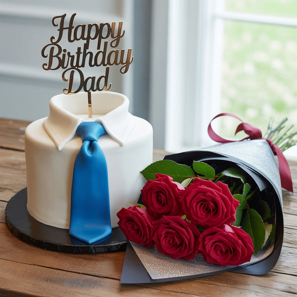 Chic Dad Birthday Combo: Blue Tie Shirt Cake & Red Roses Bouquet