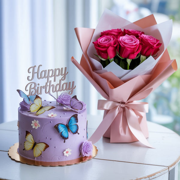 Magical Butterfly Birthday Combo: Lavender Cake & Pink Roses Bouquet
