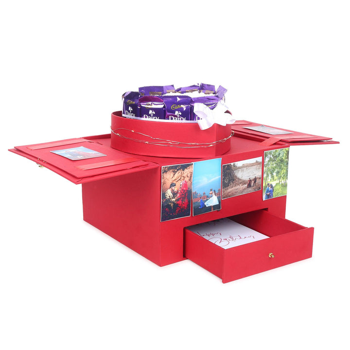 Red Wooden Heart Box with Dairymilk Tower - Happyribbon