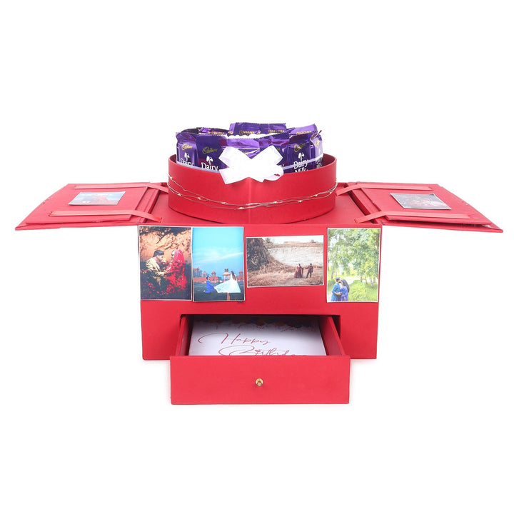Red Wooden Heart Box with Dairymilk Tower - Happyribbon