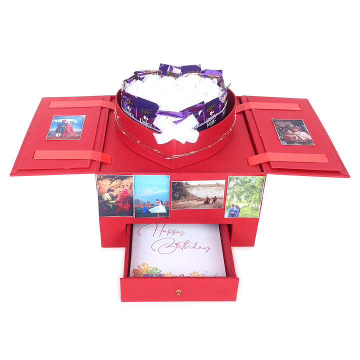 Red Wooden Heart Box with Dairymilk Tower - Happyribbon